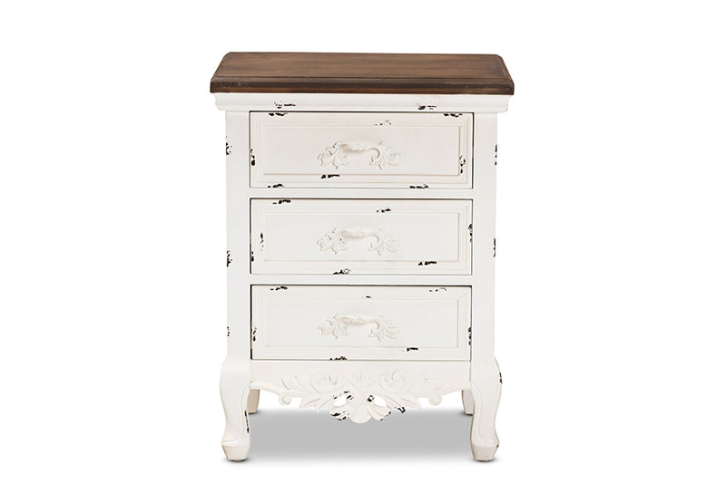 Firenze Classic and Traditional Walnut Brown and Antique White Finished Wood 3-Drawer End Table