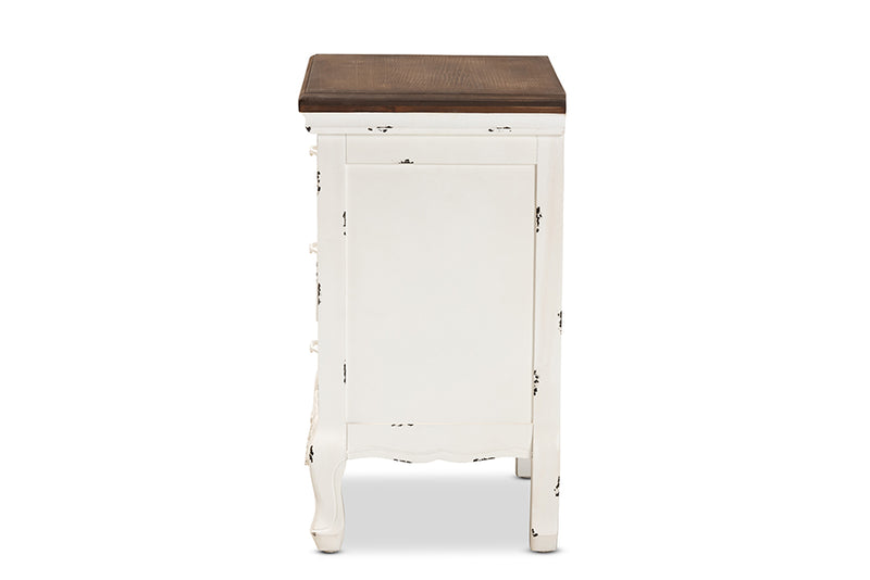 Firenze Classic and Traditional Walnut Brown and Antique White Finished Wood 3-Drawer End Table