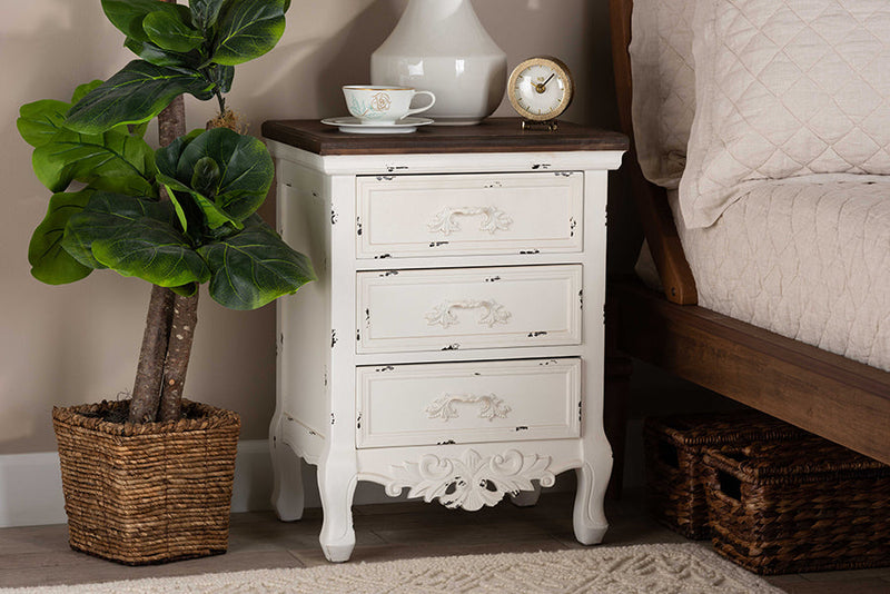 Firenze Walnut Brown and Antique White 3-Drawer End Table Baxton