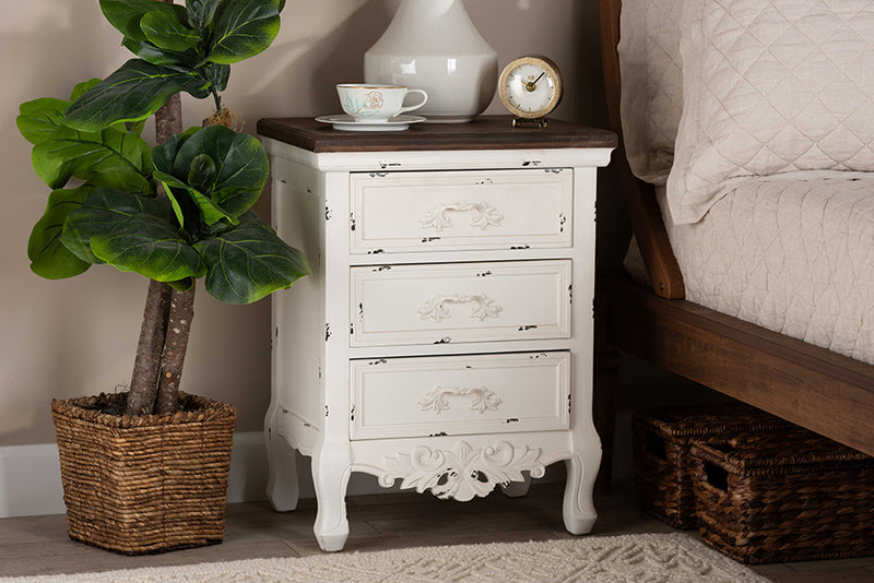 Firenze Classic and Traditional Walnut Brown and Antique White Finished Wood 3-Drawer End Table