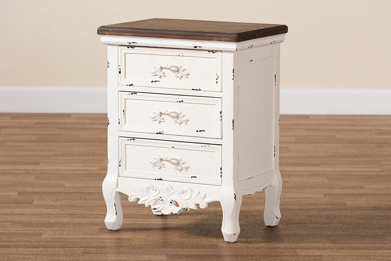 Firenze Classic and Traditional Walnut Brown and Antique White Finished Wood 3-Drawer End Table