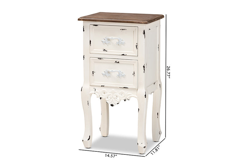 Firenze Classic and Traditional Two-Tone Walnut Brown and Antique White Finished Wood 2-Drawer End Table