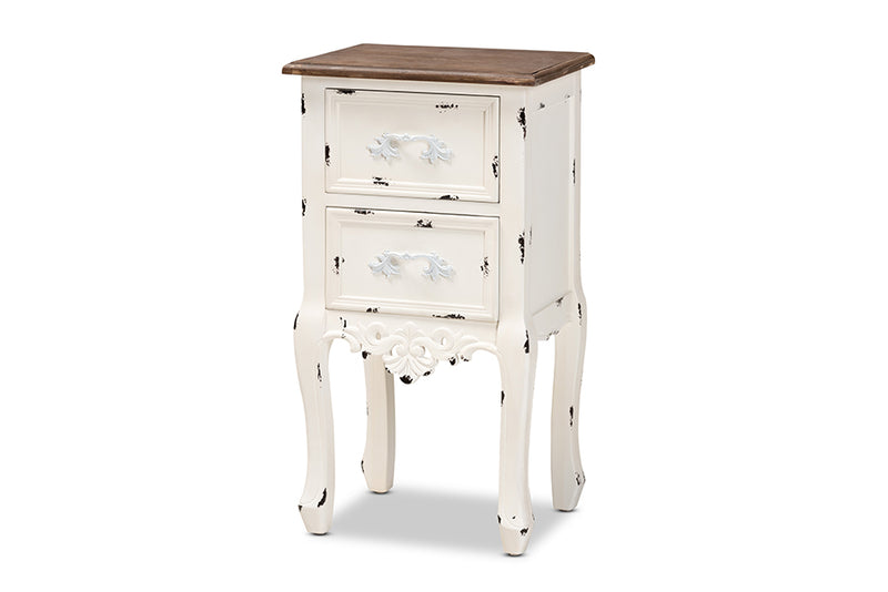 Firenze Classic and Traditional Two-Tone Walnut Brown and Antique White Finished Wood 2-Drawer End Table