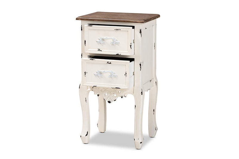 Firenze Classic and Traditional Two-Tone Walnut Brown and Antique White Finished Wood 2-Drawer End Table