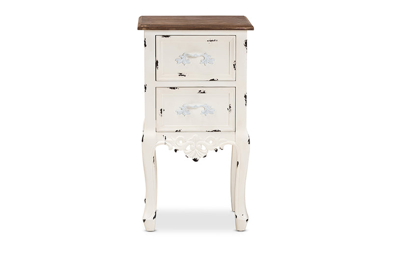 Firenze Classic and Traditional Two-Tone Walnut Brown and Antique White Finished Wood 2-Drawer End Table