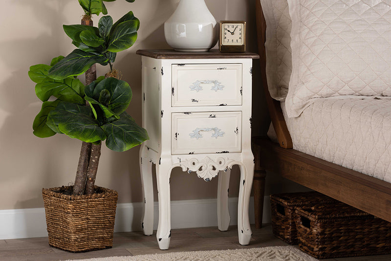 Firenze Classic and Traditional Two-Tone Walnut Brown and Antique White Finished Wood 2-Drawer End Table