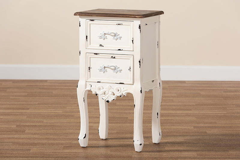 Firenze Classic and Traditional Two-Tone Walnut Brown and Antique White Finished Wood 2-Drawer End Table