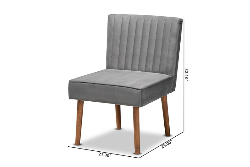 Freda Mid-Century Modern Gray Velvet Upholstered and Walnut Brown Finished Wood Dining Chair