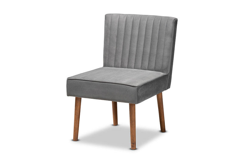 Freda Mid-Century Modern Gray Velvet Upholstered and Walnut Brown Finished Wood Dining Chair