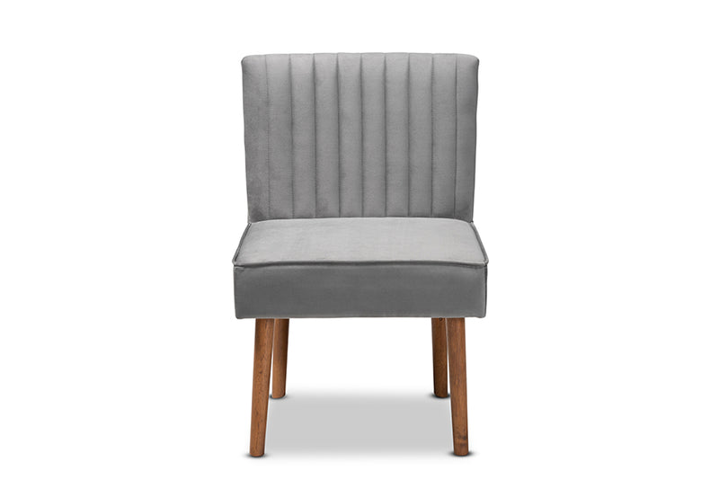 Freda Mid-Century Modern Gray Velvet Upholstered and Walnut Brown Finished Wood Dining Chair