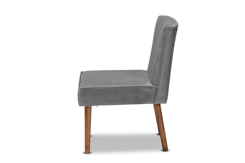 Freda Mid-Century Modern Gray Velvet Upholstered and Walnut Brown Finished Wood Dining Chair