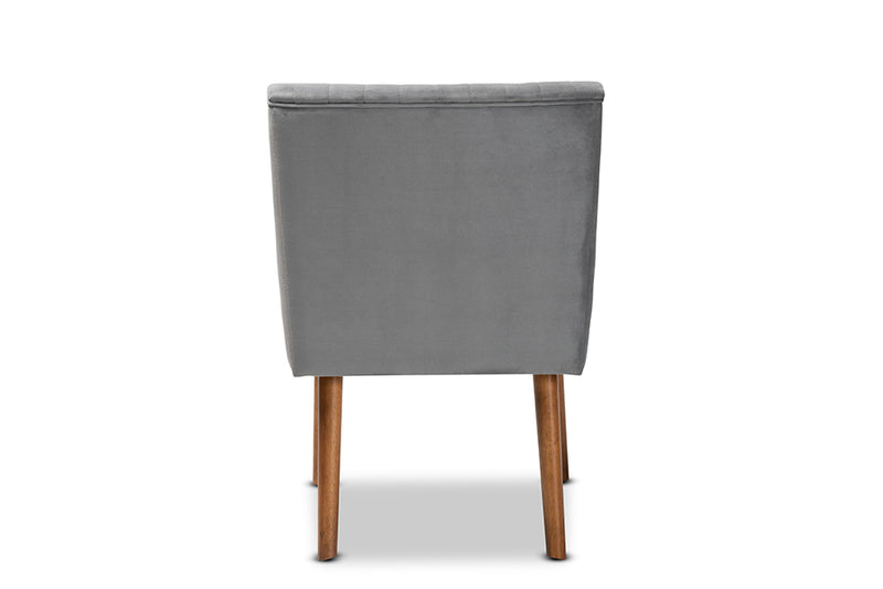 Freda Mid-Century Modern Gray Velvet Upholstered and Walnut Brown Finished Wood Dining Chair