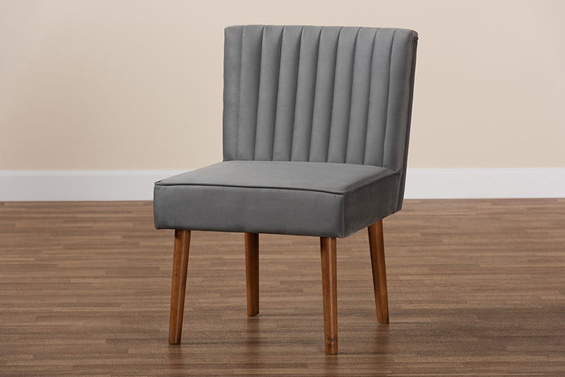 Freda Mid-Century Modern Gray Velvet Upholstered and Walnut Brown Finished Wood Dining Chair