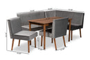 Freda Gray Velvet Upholstered and Walnut Brown 5-Piece Dining Nook Set Baxton