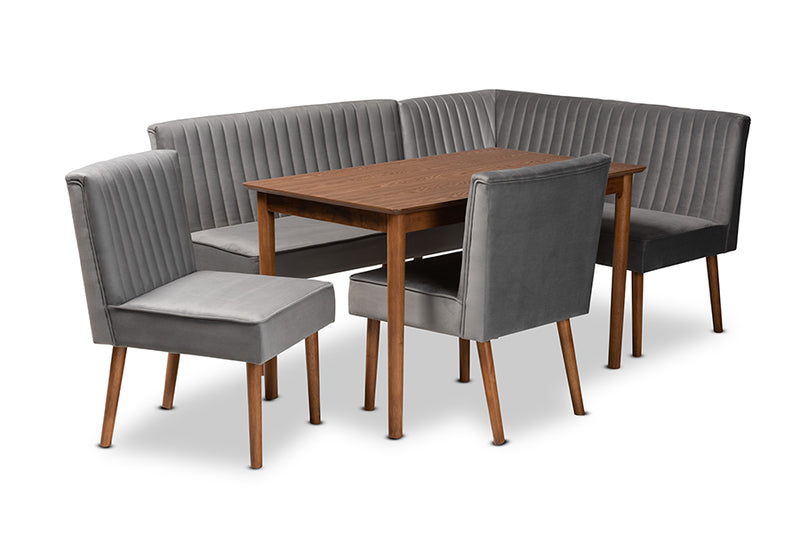 Freda Mid-Century Modern Gray Velvet Upholstered and Walnut Brown Finished Wood 5-Piece Dining Nook Set