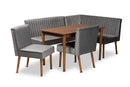 Freda Gray Velvet Upholstered and Walnut Brown 5-Piece Dining Nook Set Baxton