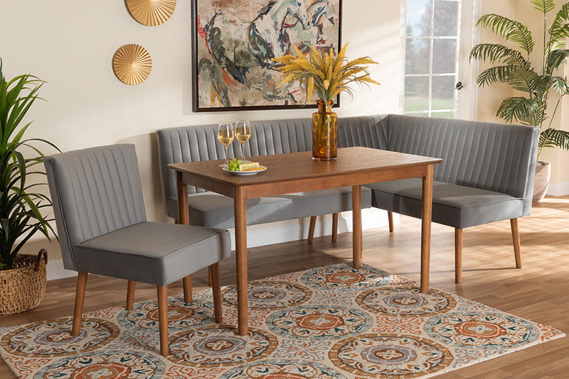 Freda Gray Velvet Upholstered and Walnut Brown 4Pc Dining Nook Set Baxton