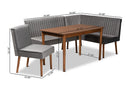 Freda Gray Velvet Upholstered and Walnut Brown 4Pc Dining Nook Set Baxton