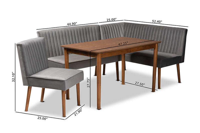 Freda Gray Velvet Upholstered and Walnut Brown 4Pc Dining Nook Set Baxton