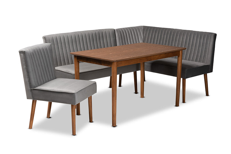 Freda Mid-Century Modern Gray Velvet Upholstered and Walnut Brown Finished Wood 4-Piece Dining Nook Set