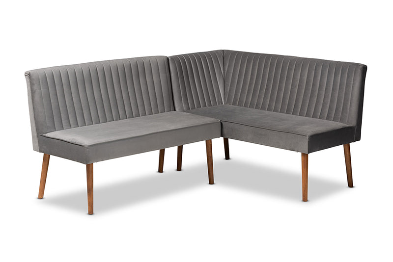 Freda Mid-Century Modern Gray Velvet Upholstered and Walnut Brown Finished Wood 2-Piece Dining Nook Banquette Set