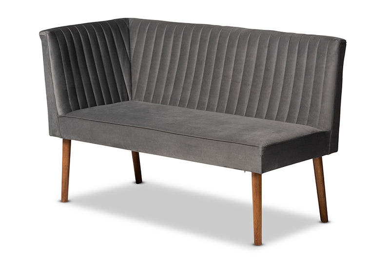 Freda Mid-Century Modern Gray Velvet Upholstered and Walnut Brown Finished Wood 2-Piece Dining Nook Banquette Set