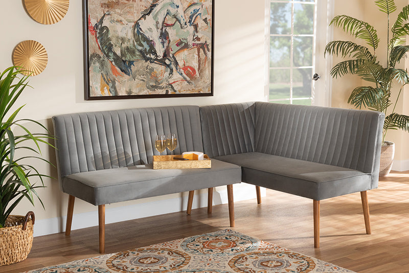 Freda Mid-Century Modern Gray Velvet Upholstered and Walnut Brown Finished Wood 2-Piece Dining Nook Banquette Set