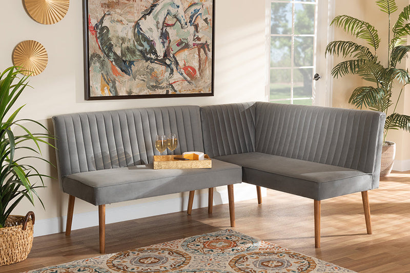 Freda Gray Velvet Upholstered and Walnut Brown 2Pc Dining Nook Banquette Set Baxton