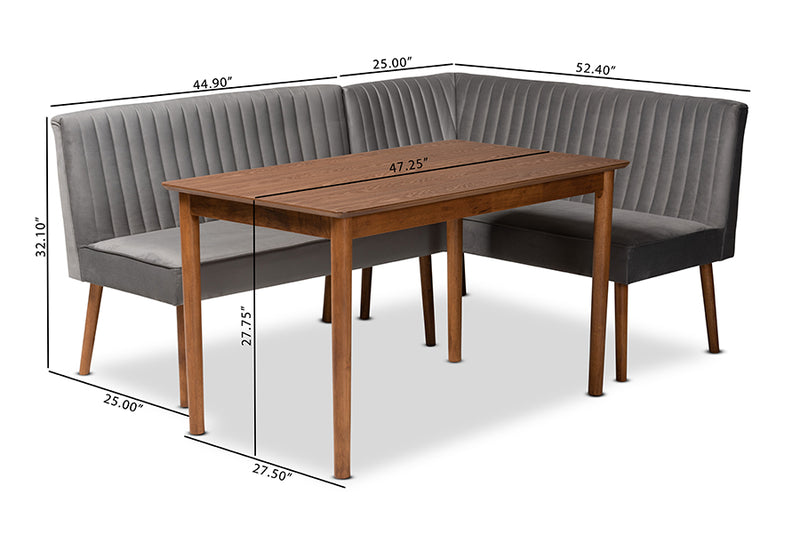 Freda Mid-Century Modern Gray Velvet Upholstered and Walnut Brown Finished Wood 3-Piece Dining Nook Set