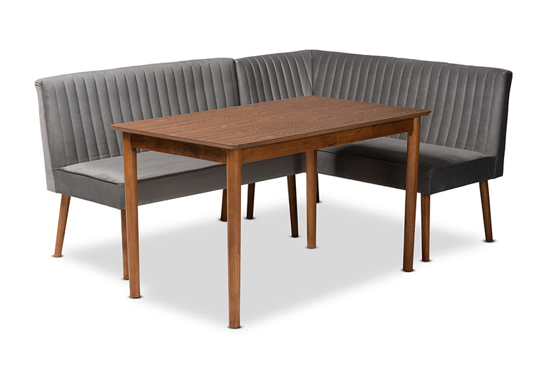 Freda Mid-Century Modern Gray Velvet Upholstered and Walnut Brown Finished Wood 3-Piece Dining Nook Set