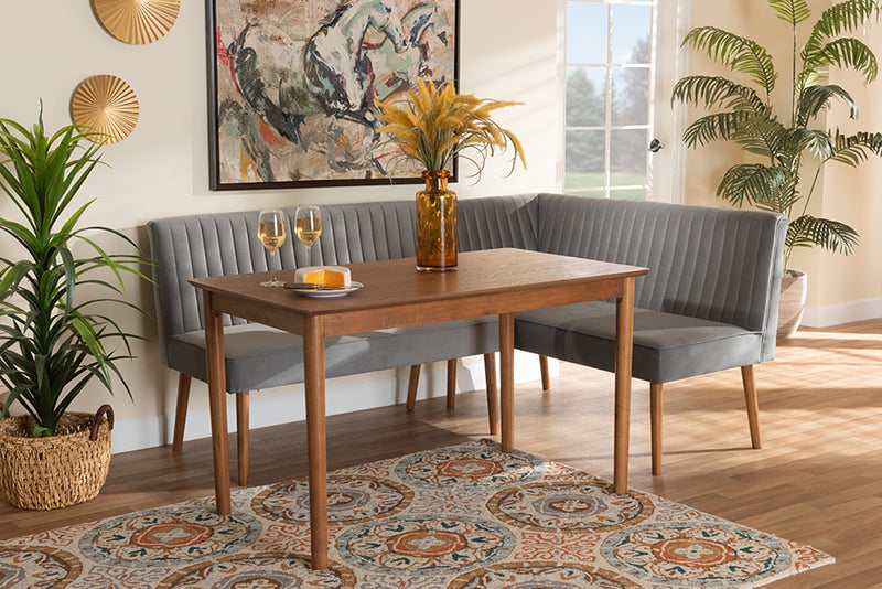 Freda Mid-Century Modern Gray Velvet Upholstered and Walnut Brown Finished Wood 3-Piece Dining Nook Set