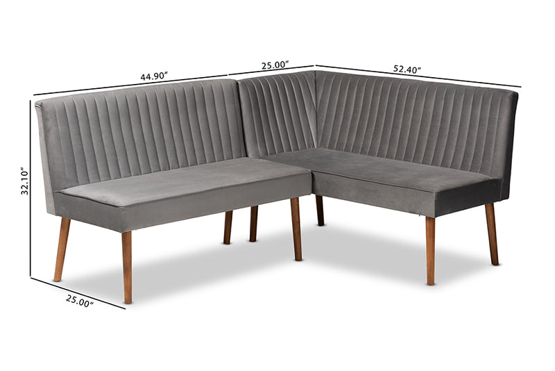 Freda Mid-Century Modern Gray Velvet Upholstered and Walnut Brown Finished Wood 2-Piece Dining Nook Banquette Set