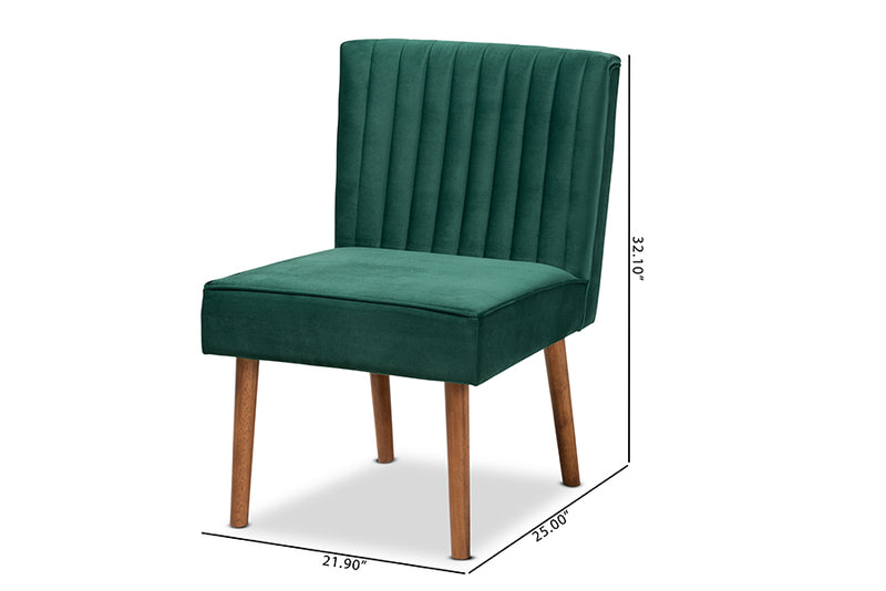 Freda Mid-Century Modern Emerald Green Velvet Upholstered and Walnut Brown Finished Wood Dining Chair