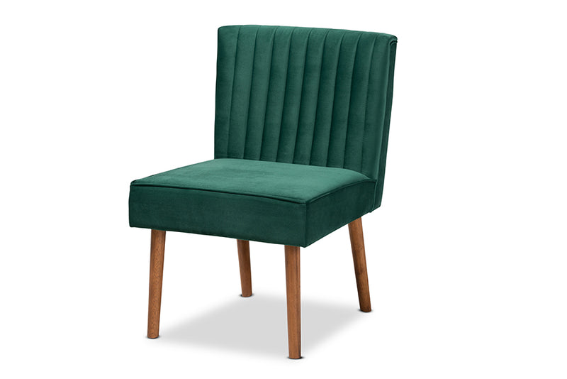 Freda Mid-Century Modern Emerald Green Velvet Upholstered and Walnut Brown Finished Wood Dining Chair