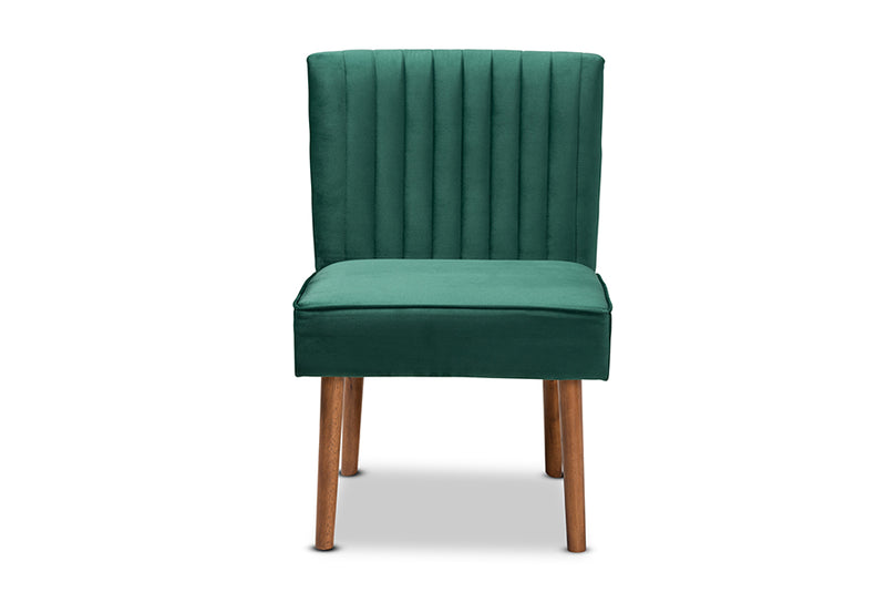 Freda Mid-Century Modern Emerald Green Velvet Upholstered and Walnut Brown Finished Wood Dining Chair