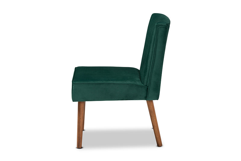 Freda Mid-Century Modern Emerald Green Velvet Upholstered and Walnut Brown Finished Wood Dining Chair