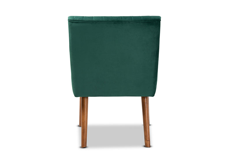 Freda Mid-Century Modern Emerald Green Velvet Upholstered and Walnut Brown Finished Wood Dining Chair