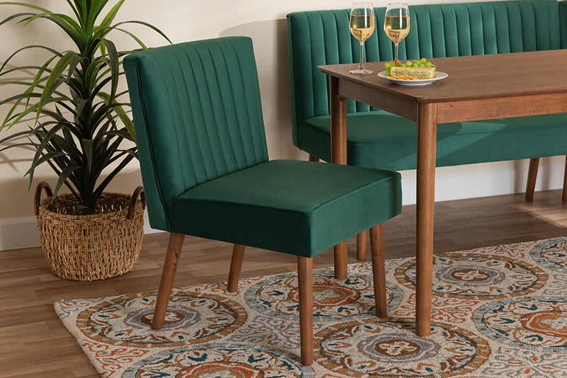 Freda Mid-Century Modern Emerald Green Velvet Upholstered and Walnut Brown Finished Wood Dining Chair