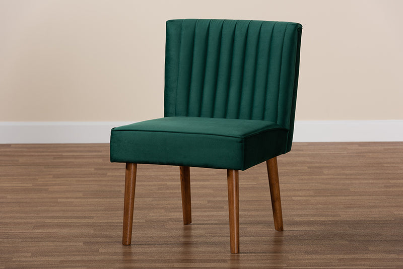 Freda Mid-Century Modern Emerald Green Velvet Upholstered and Walnut Brown Finished Wood Dining Chair