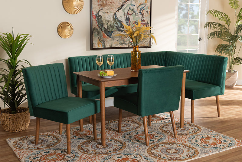 Freda Mid-Century Modern Emerald Green Velvet Upholstered and Walnut Brown Finished Wood 5-Piece Dining Nook Set