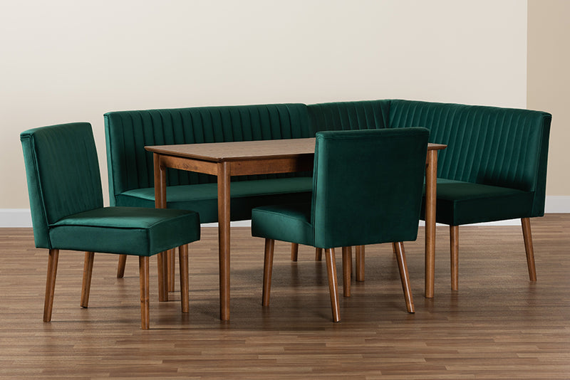 Freda Mid-Century Modern Emerald Green Velvet Upholstered and Walnut Brown Finished Wood 5-Piece Dining Nook Set