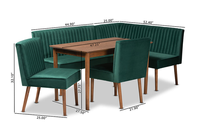 Freda Mid-Century Modern Emerald Green Velvet Upholstered and Walnut Brown Finished Wood 5-Piece Dining Nook Set