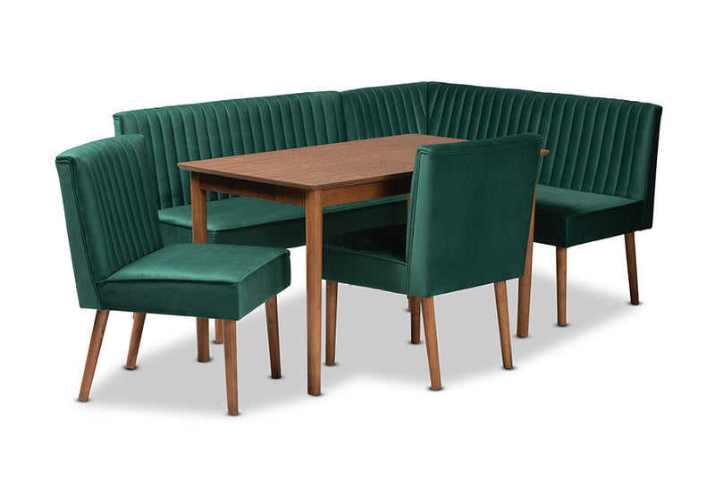 Freda Mid-Century Modern Emerald Green Velvet Upholstered and Walnut Brown Finished Wood 5-Piece Dining Nook Set