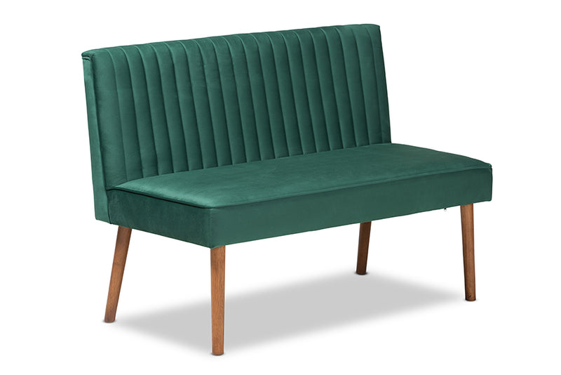 Freda Mid-Century Modern Emerald Green Velvet Upholstered and Walnut Brown Finished Wood 5-Piece Dining Nook Set