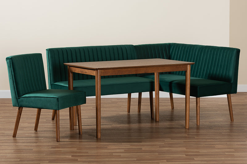 Freda Mid-Century Modern Emerald Green Velvet Upholstered and Walnut Brown Finished Wood 4-Piece Dining Nook Set