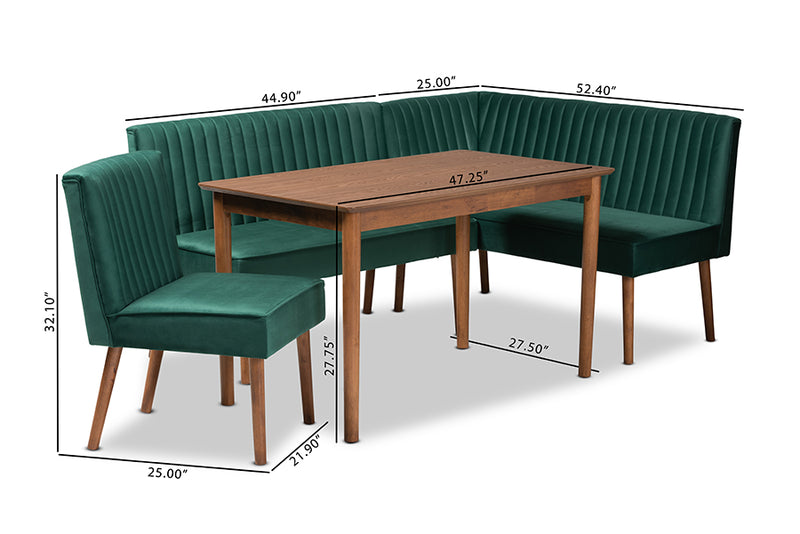 Freda Mid-Century Modern Emerald Green Velvet Upholstered and Walnut Brown Finished Wood 4-Piece Dining Nook Set