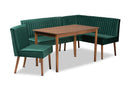 Freda Emerald Green Velvet Upholstered and Walnut Brown 4Pc Dining Nook Set Baxton