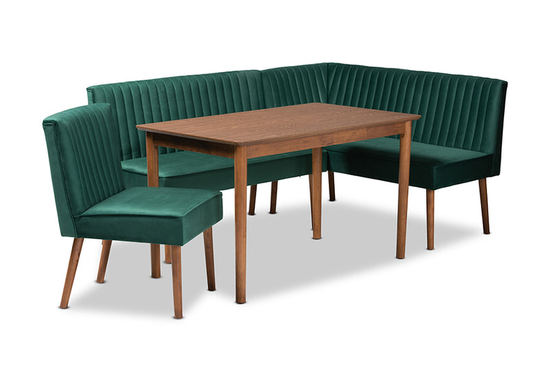 Freda Mid-Century Modern Emerald Green Velvet Upholstered and Walnut Brown Finished Wood 4-Piece Dining Nook Set