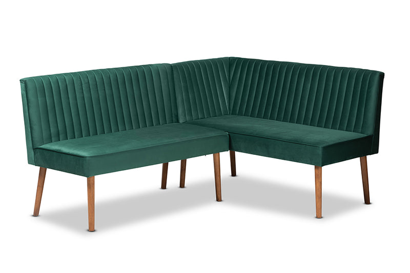 Freda Mid-Century Modern Emerald Green Velvet Upholstered and Walnut Brown Finished Wood 2-Piece Dining Nook Banquette Set