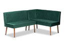 Freda Emerald Green Velvet Walnut Brown 2Pc Dining Nook Banquette Set Baxton